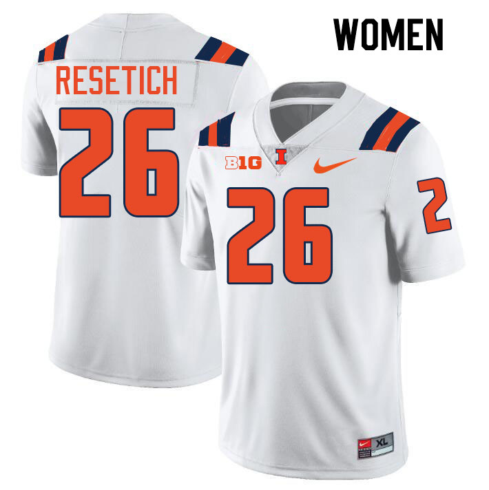 Women #26 Mac Resetich Illinois Fighting Illini College Football Jerseys Stitched-White